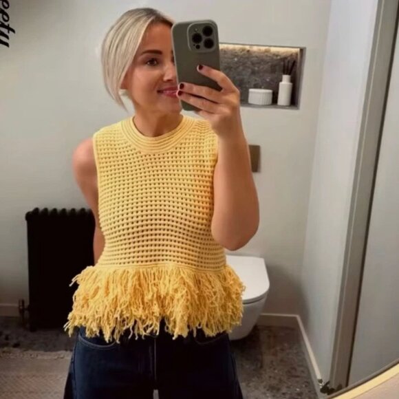 ZARA NWT WOMAN FRINGED CHECKERED KNIT TOP YELLOW 4331/027 NWT S M L - Picture 1 of 12